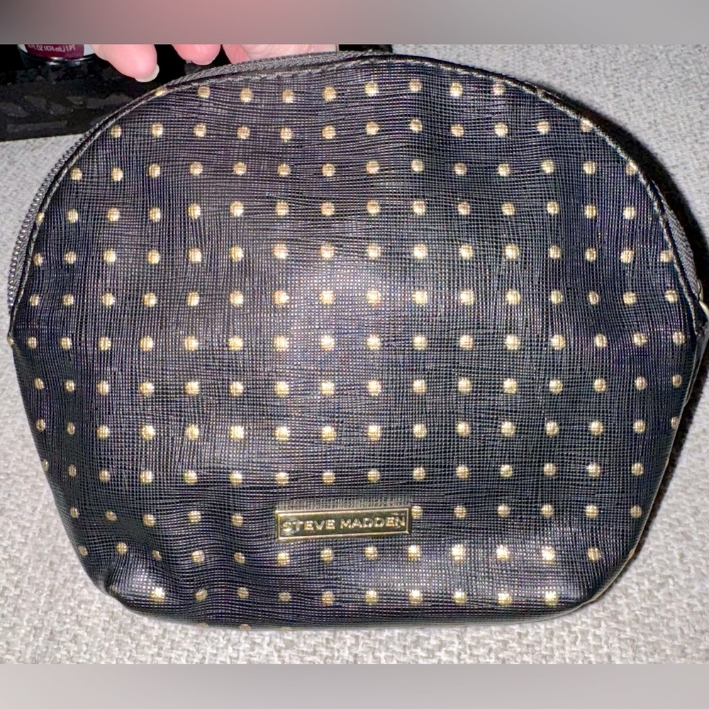 Steve Madden Cosmetic Jewelry Bag - Black with Gold Polka Dots
